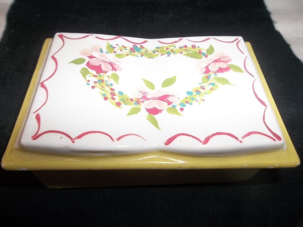 Vintage Porcelain Book Trinket Box with Yellow Pink Roses 3.5x2
