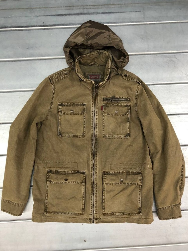 Levis Denim Utility Jacket Mens Medium Green Hooded Full Zip