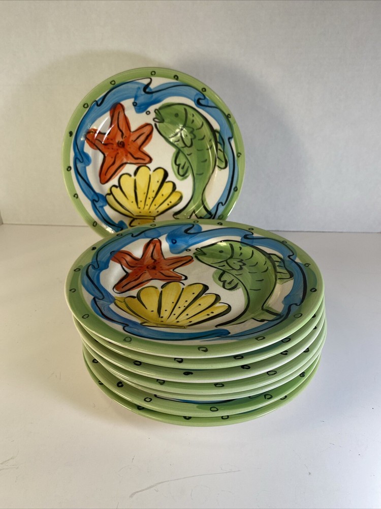 Sango Key West Salad Plates Hand Painted 7 7/8” Set of 8 Nautical Beach Fish Vtg