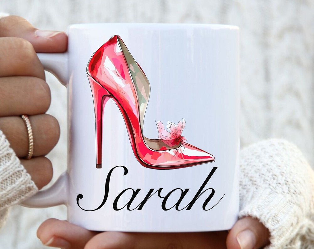 Custom Glam Pink High Heel Coffee Mug Customizable Glitzy Womens Coffee Mug