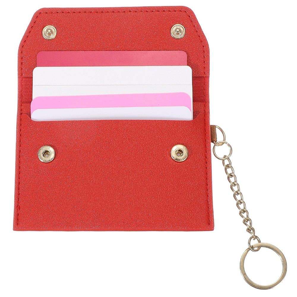 Slim Red Leather Credit Card Holder with Detachable Keychain Pocket Wallet