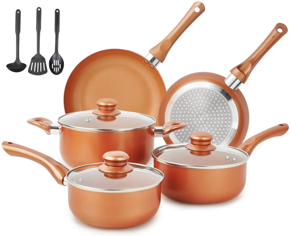 Pots and Pans Set Ultra Nonstick, Pre-Installed 11pcs Cookware Set Copper wit...