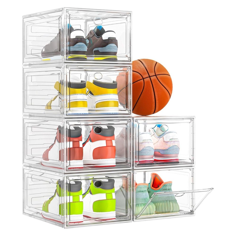6-Pack Stackable Magnetic Drop Front Shoe Box for Sneakers XL Storage Case
