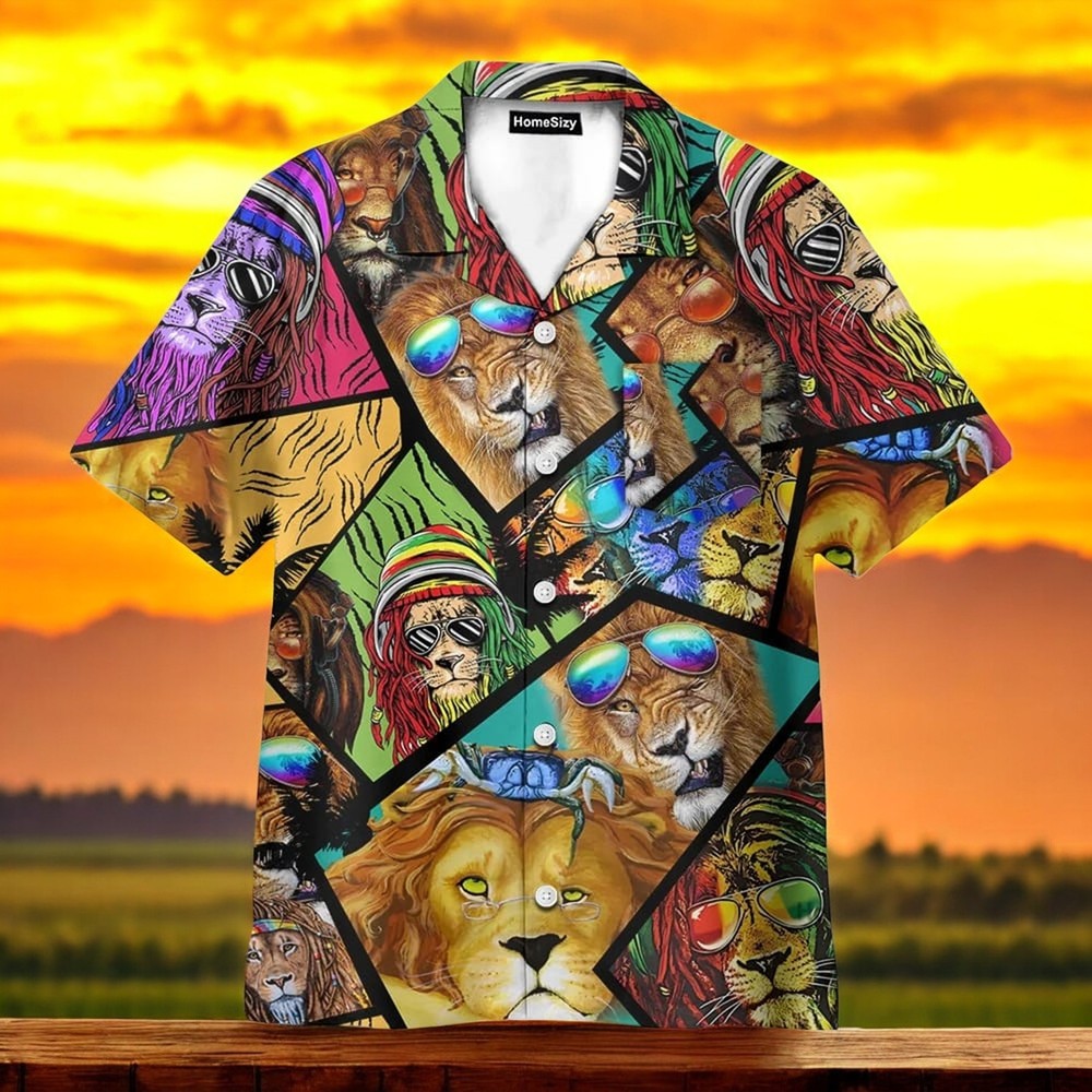 Lion Wearing Glasses Cool Hawaiian Shirt Short Sleeve Summer Beach Style Sizes S to 5XL