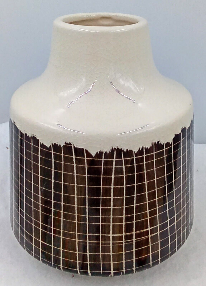 Checked Urban Vase Jug Ceramic Beige Dipped Brown Round Crackle Glaze Felts 6