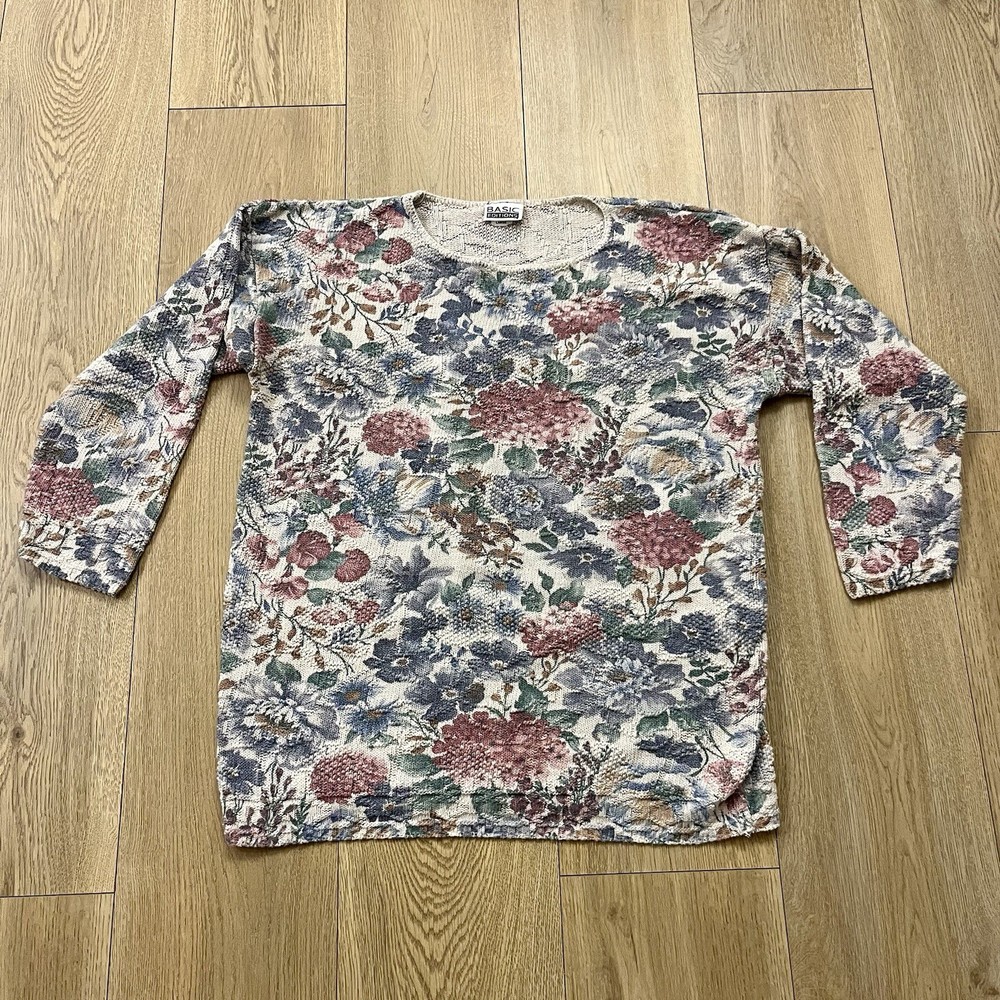 Floral Sweater Women L Tan Textured Colorful Fairycore Fairy Earthy Cottagecore