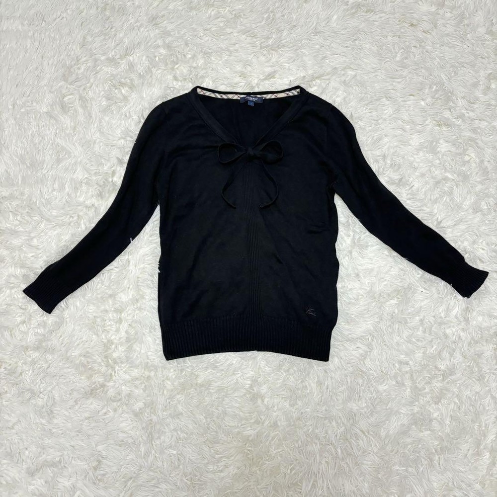 Burberry London Black V-Neck Knit Sweater with Adjustable Ribbon, Stylish, Used