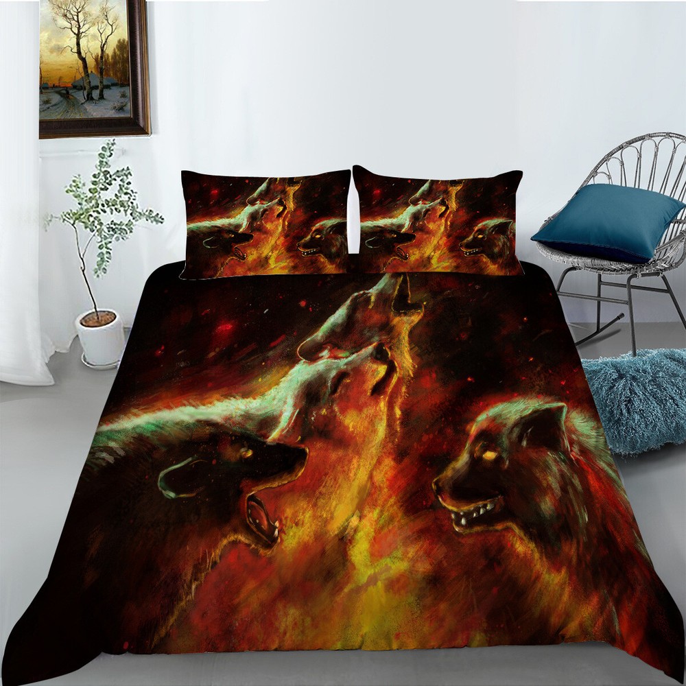 Evil and Fierce Wolf Wildlife Duvet Quilt Cover Queen Bedding Set Pillowcase