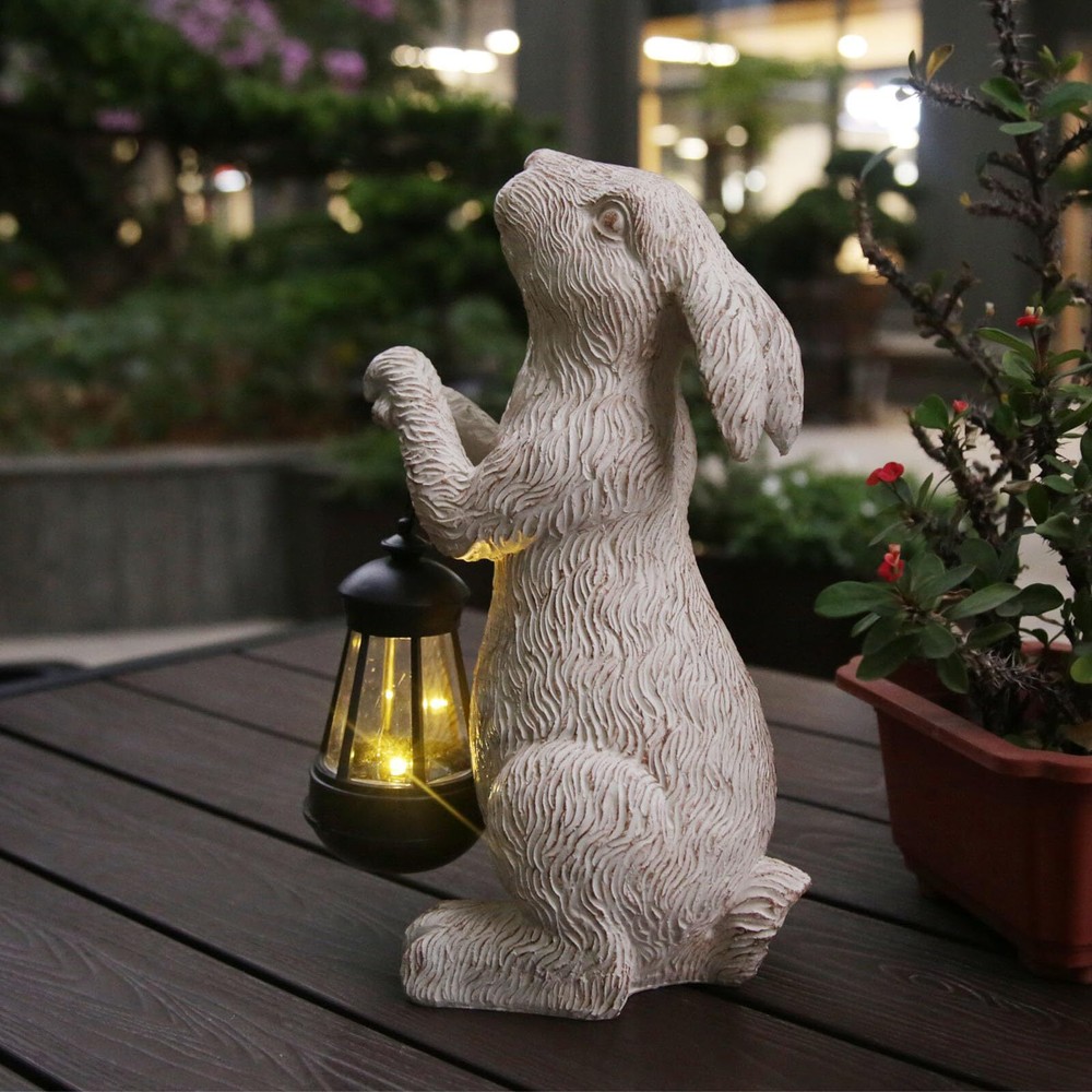 Garden Statues Rabbit with Solar Lights-Bunny Figurine Outdoor Easter Decorat...