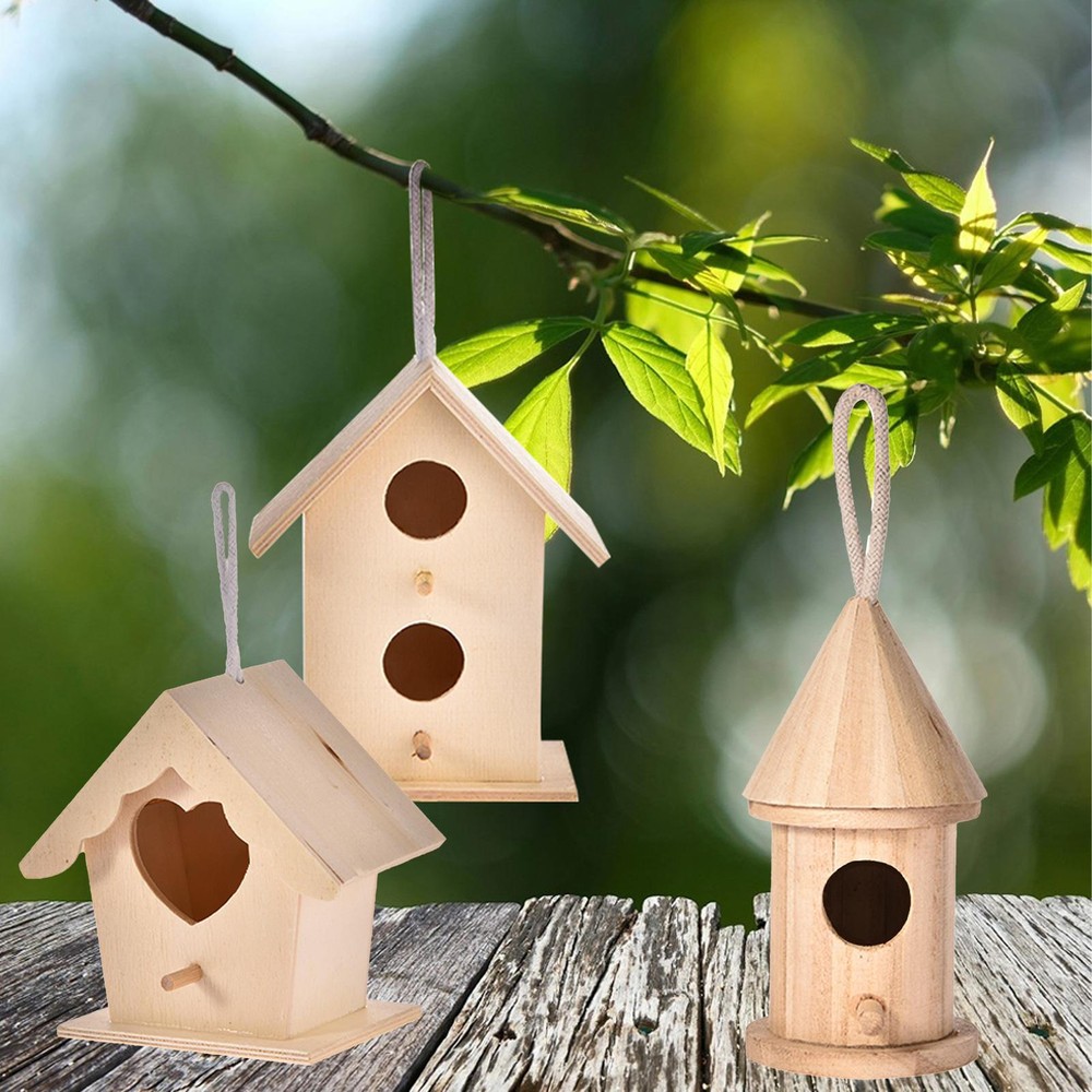 1* Handmade Wooden Bird Feeding Houses Outdoor Yard Natural Bird House Protector