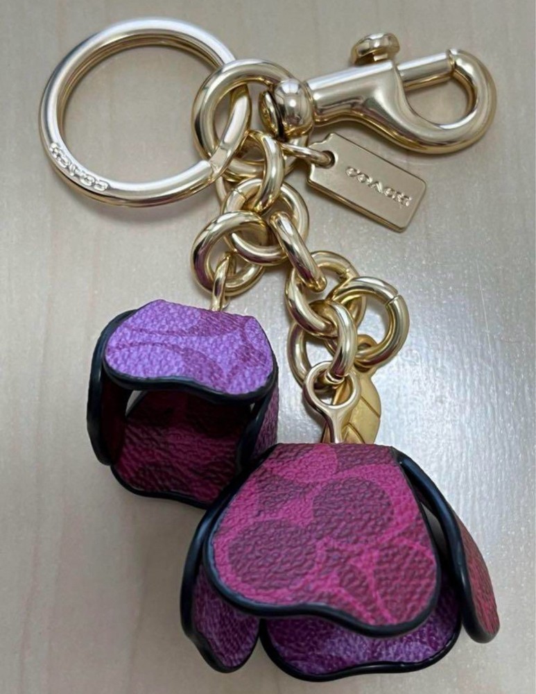 Coach Hanging Flower Charm Keychain Pink Purple Signature Tea Rose -Unused Mint!