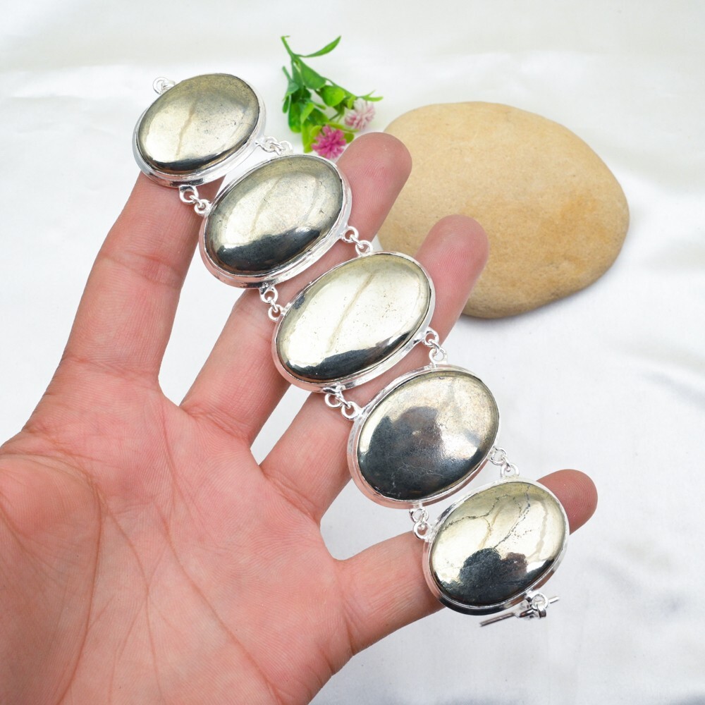 Pyrite Golden Gemstone Bracelet in 925 Sterling Silver Handmade Gift