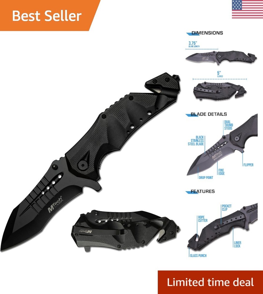 Compact Black Stainless Steel Folding Knife - Perfect for Outdoor Adventures