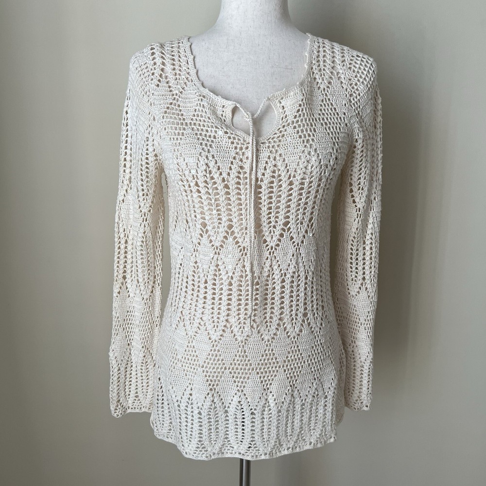 VTG 90s Y2K Crochet Boho Tunic Sweater Coastal Cowgirl Festival Rodeo Sz L Ivory