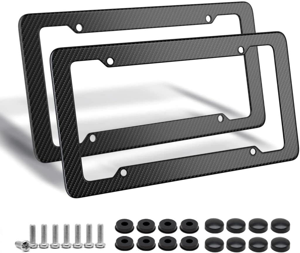 Black Carbon Fiber License Plate Frame, 2 Pack Glossy & fiber