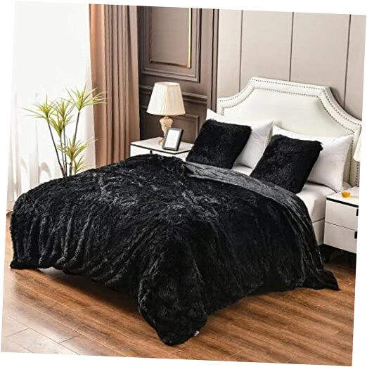 Luxury 90x90 Queen Faux Fur Blanket - 2-Layer Black Cozy Throw Without Pillows