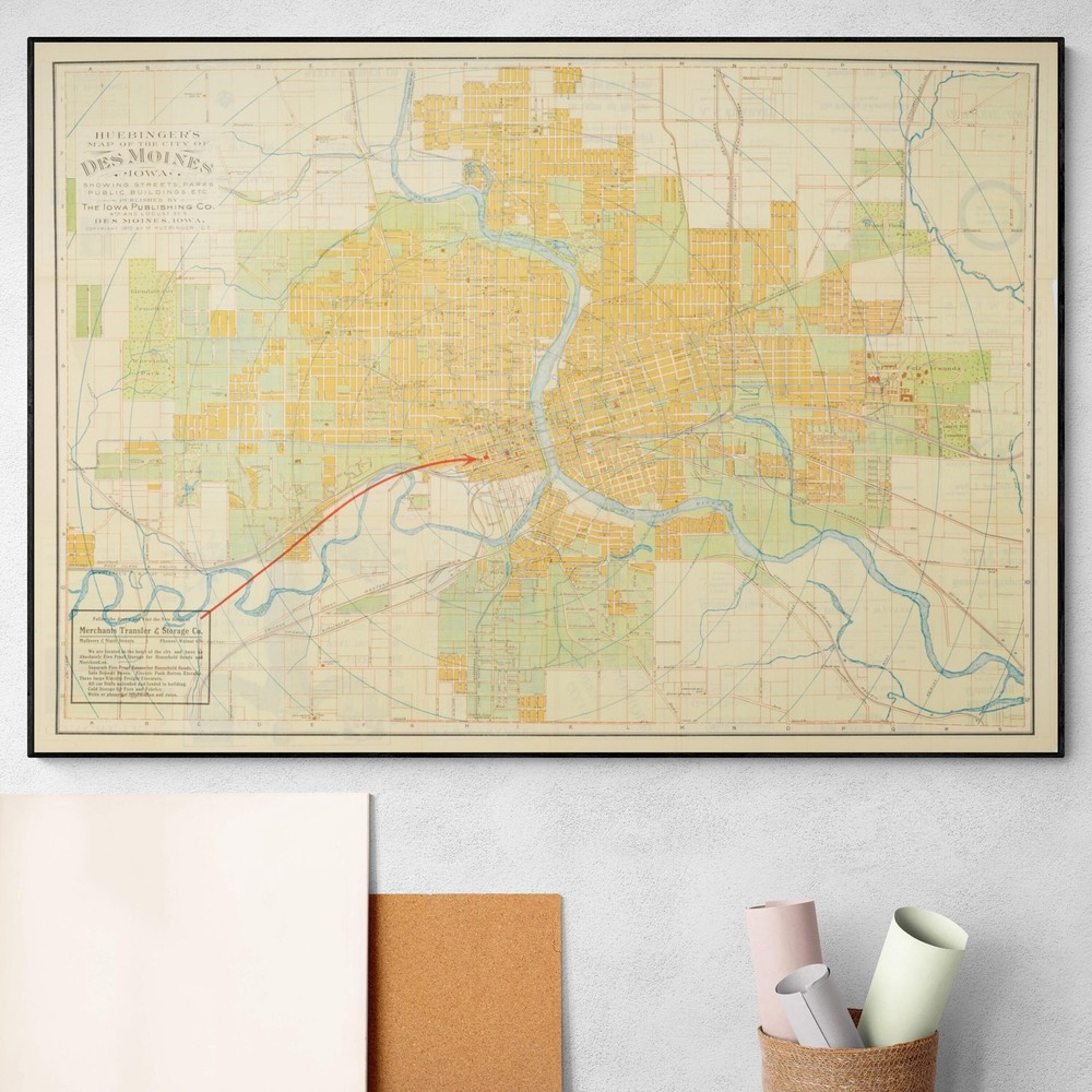 1910 City Map of Des Moines Iowa Antique American Cartography Poster Print