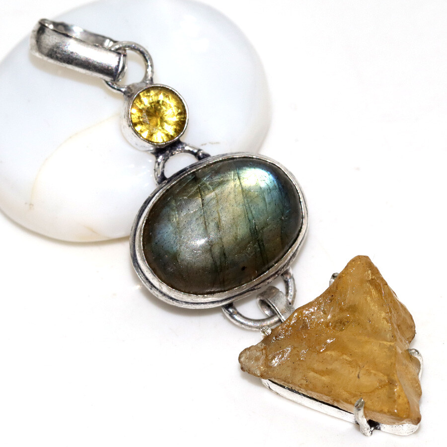 Fiery Labradorite Citrine Rough 925 Silver Plated Long Pendant 2.4