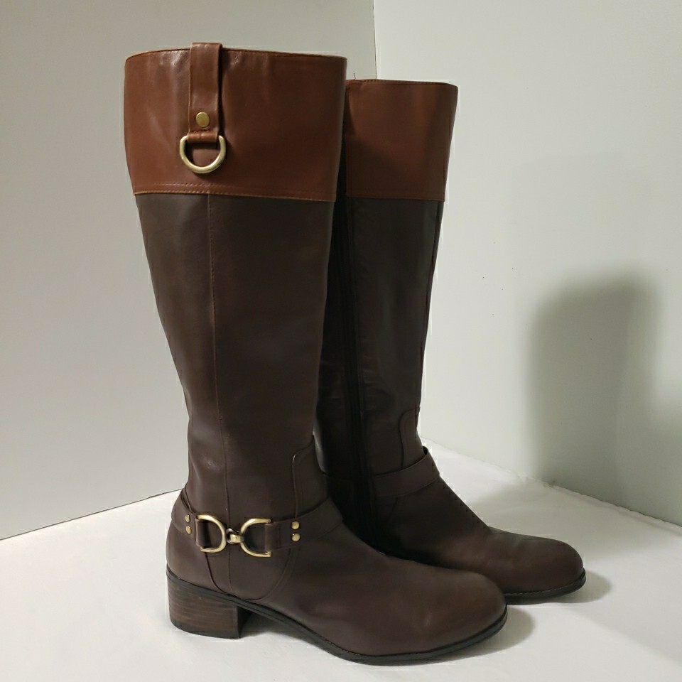 Bandolino Leather Knee High Riding Two Tone Brown and Tan Boots Size 8.5