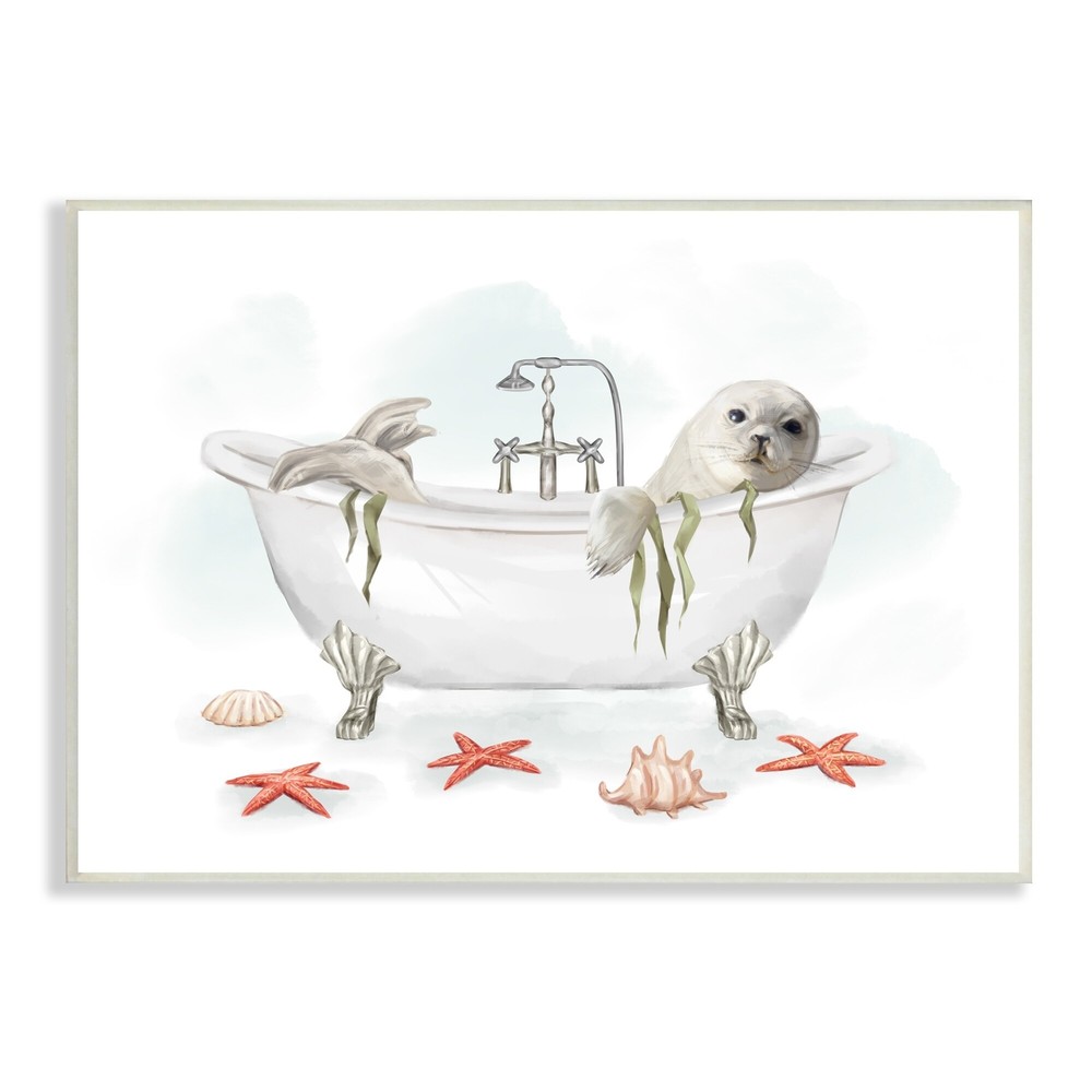 Stupell White Harp Seal Ocean Inspired Bath Animal Wood Wall Off-White 10 x 15