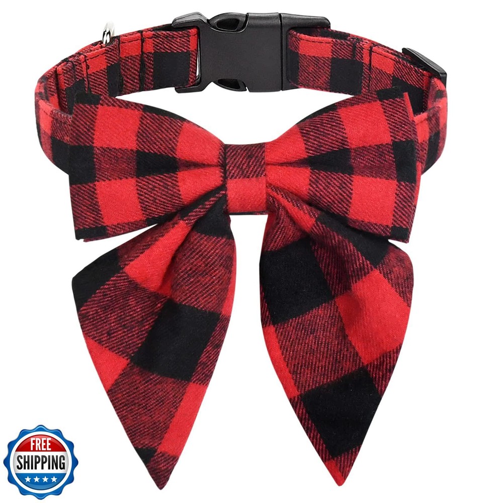 Festive Malier Christmas Plaid Dog Collar with Bow Tie