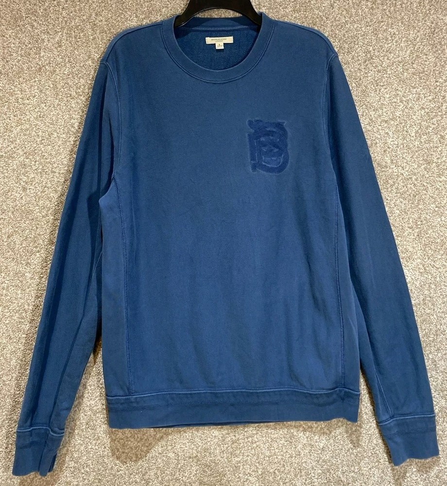 Burberry London Mens Blue Embroidered Logo Cotton Crewneck Sweatshirt Size Large
