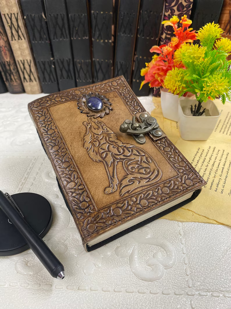 Antique Handcrafted Moonstone Wolf Embossed Leather Journal Notebook  