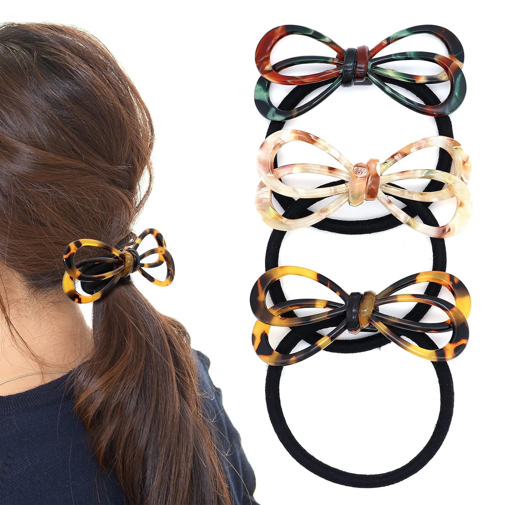 3 Pack Hollow Bow Elastic Hair Ties for Medium or Thick Curly Hair