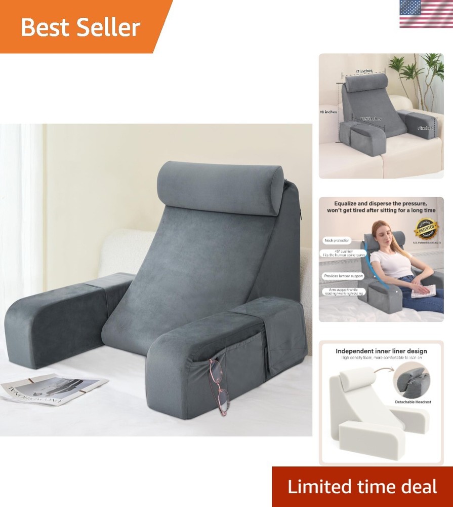 Grey Reading Pillow for Adults - Backrest Cushion with Lumbar Support  