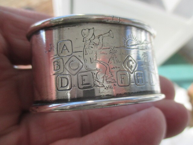 Antique Signed Sterling Silver Alphabet Nursery Rhyme Napkin Ring