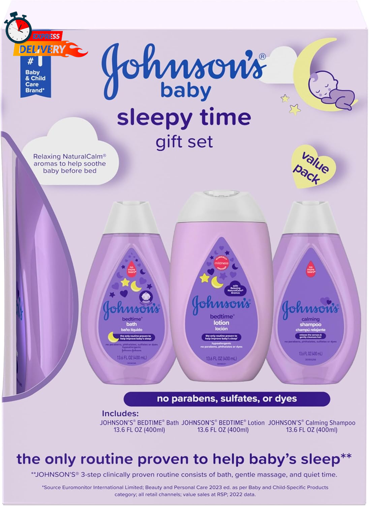 Johnson's Baby Sleepy Time Bedtime Gift Set with Soothing NaturalCalm Scents, Bear & Blanket