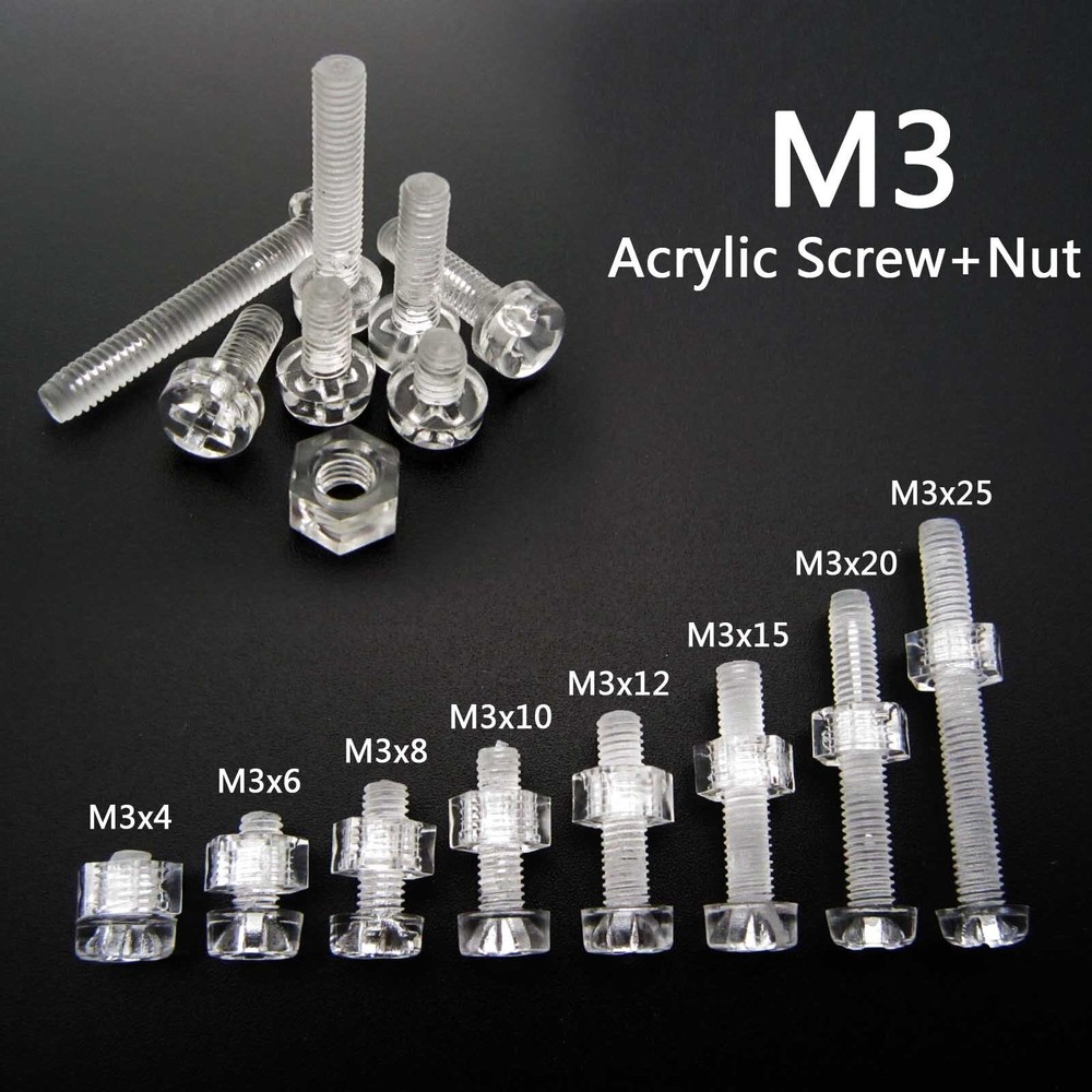 25/50sets Acrylic Clear Plastic Nylon M3 Round Phillips Head Screw Bolt + Nut
