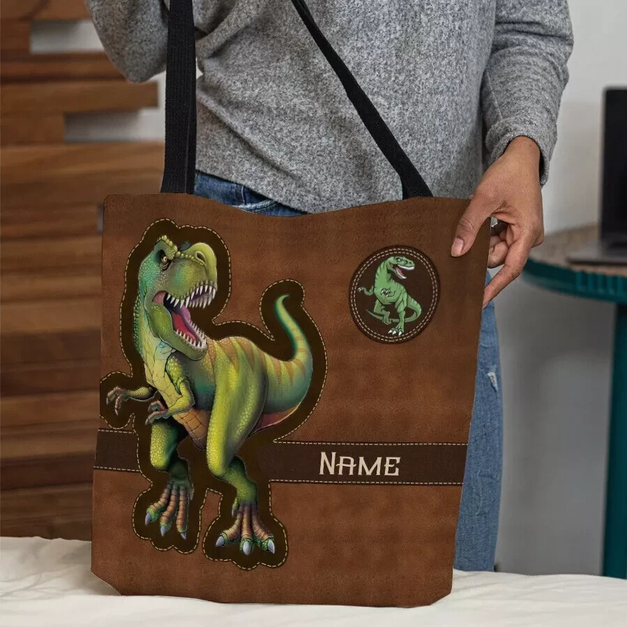 Custom Green Dino Tote Bag - Personalized Shoulder Bag-image