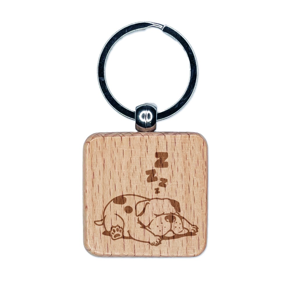 Chubby Spotted Dog Wood Keychain with Engraved Sleeping Pup Design