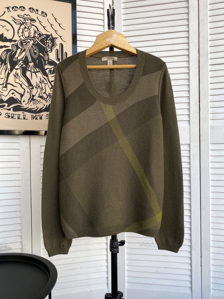 NWT $465 Burberry Brit Wool Cashmere Classic Check Sweater Green Khaki Melange