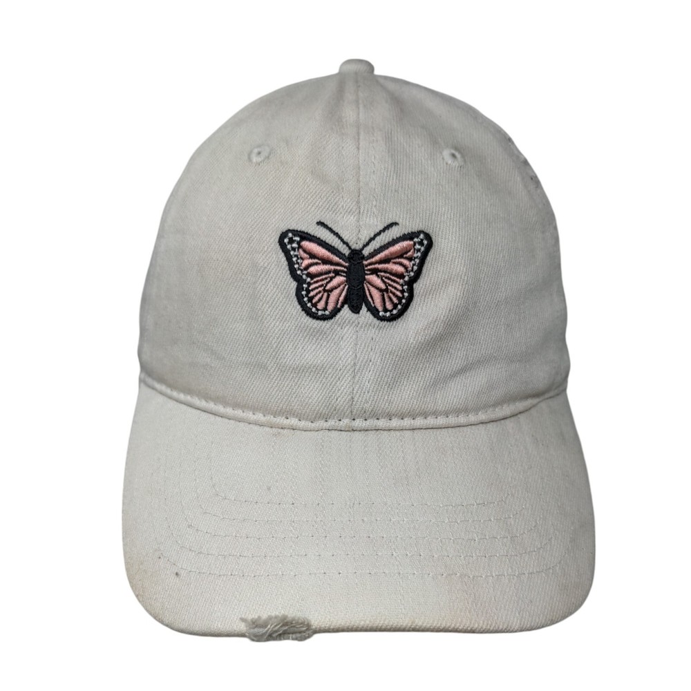 Butterfly Embroidered Slideback Hat with Leather Strap Cream OSFM 6 Panel