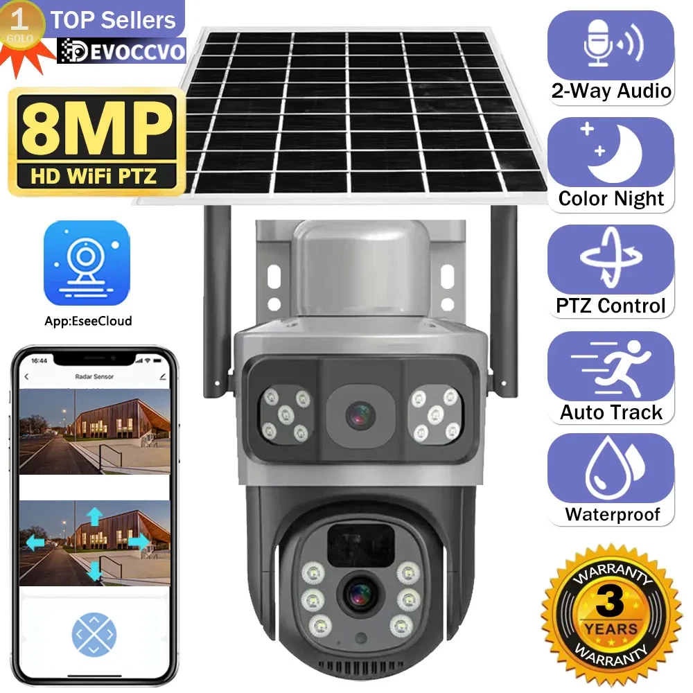 8MP Wireless Solar Camera Outdoor Dual Lens WiFi 1080P IP Security Auto Tracking