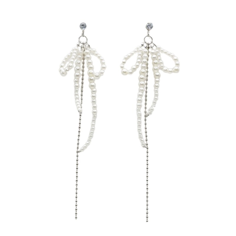 Elegant Pearl Bowknot Tassel Drop Statement Earrings Jewelry