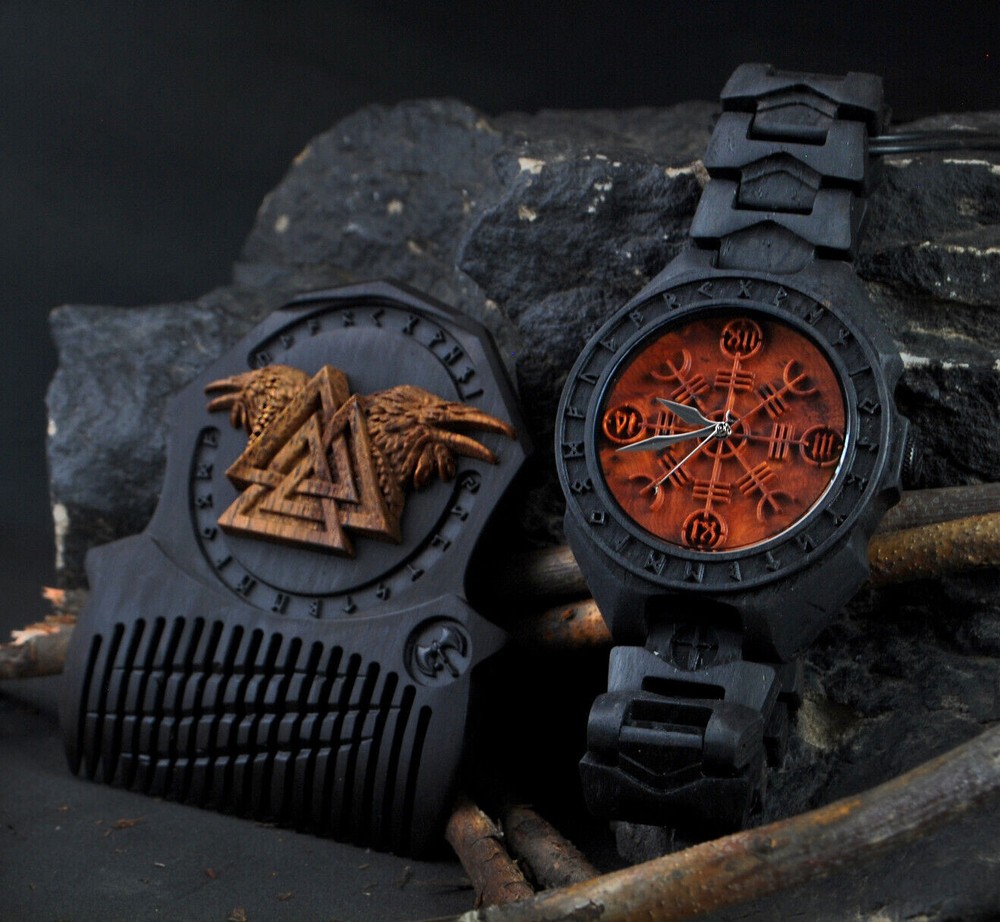 Gift set for men Helm of Awe Aegishjalmr Viking Wooden watch with wooden comb
