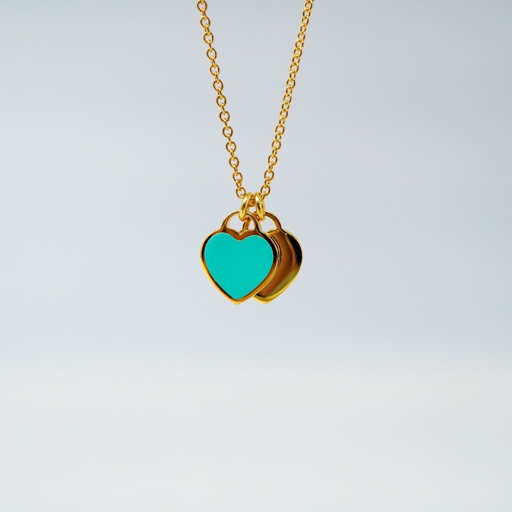 Tiffany & Co. Gold Tone Blue Mini Double Hearts Pendant Necklace 48cm Gift Box