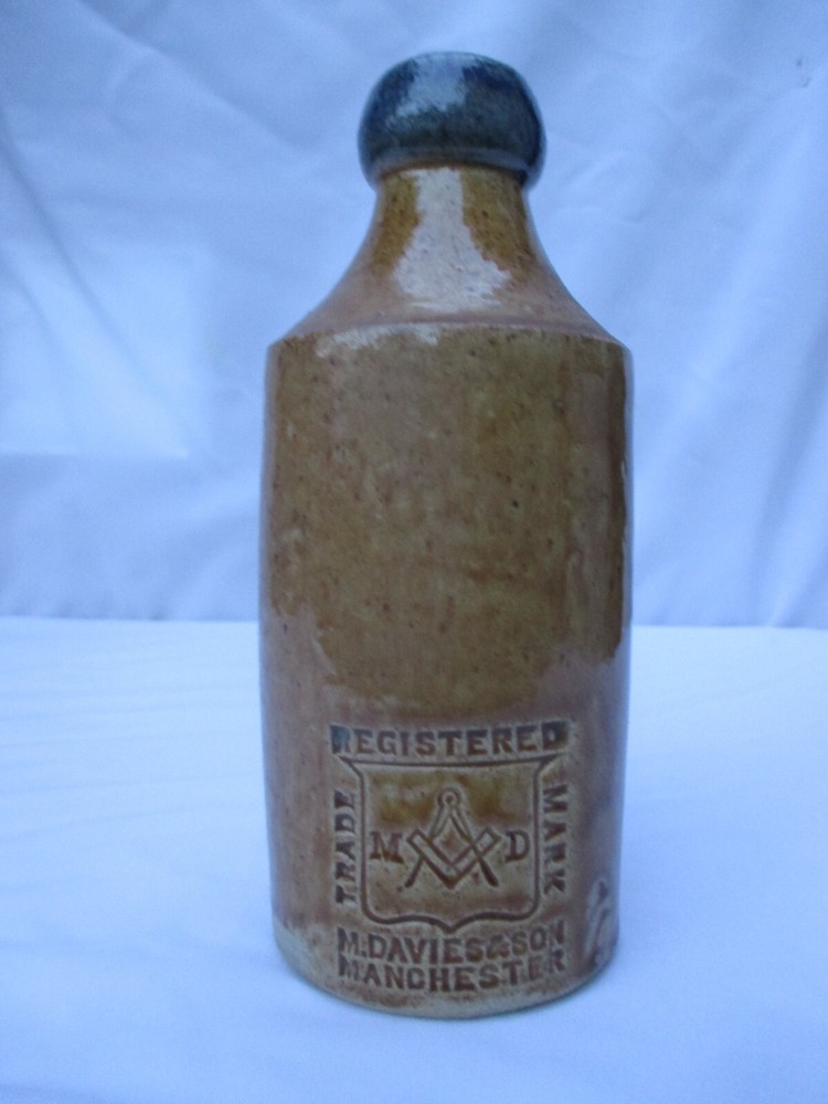 Vintage Blue Lip Stoneware Ginger Beer Bottle by M.Davies & Son Manchester  