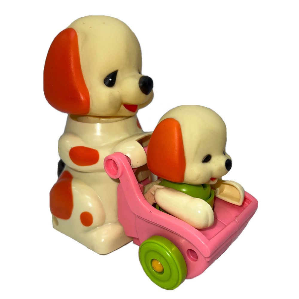 Vintage Dog Pushing Puppy In Stroller Wind Up Toy Tested Working