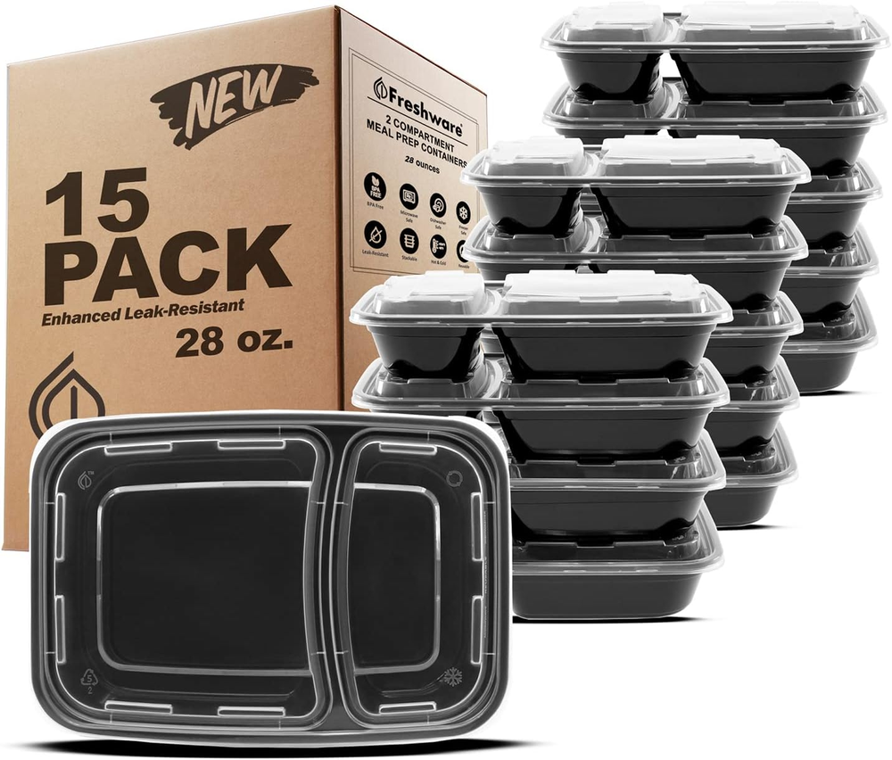 Meal Prep Containers [15 Pack] 2 Compartment with Lids, Food Storage Containers,