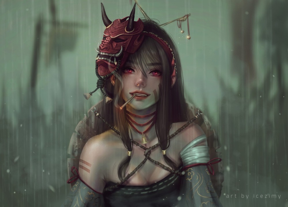 Anime ice zimy drawing looking at viewer mask rain Play Gaming Mat Desk