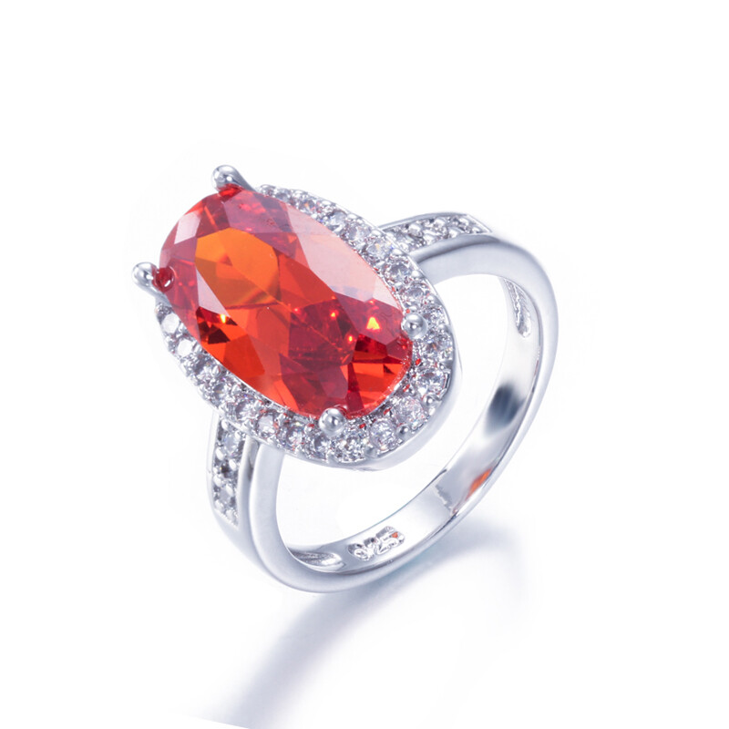 Stunning Big Red Oval Zircon Crystal Ring Silver Plated Women Engagement Jewelry