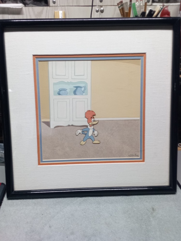 1960s PRODUCTION CEL OF WOODY WOODPECKER ON ORIGINAL HAND PAINTED BACKGROUND OBG