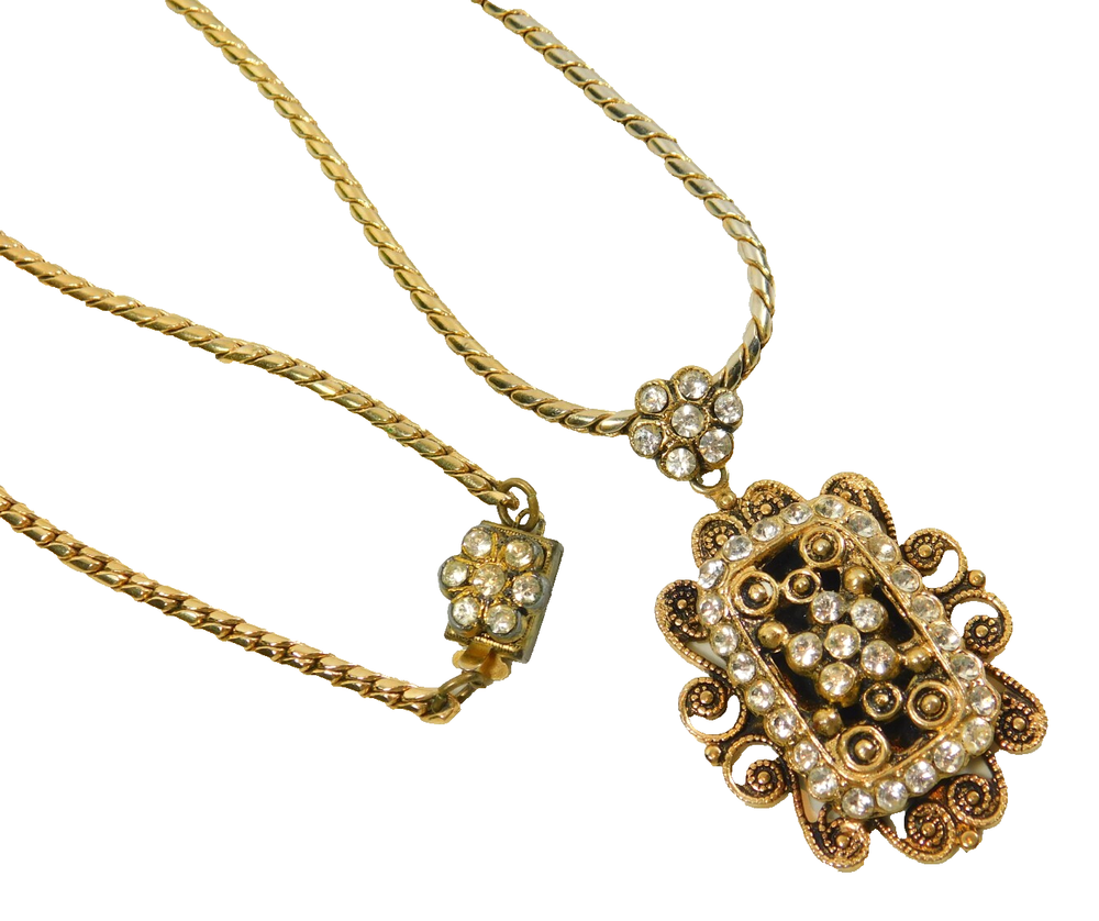 Vintage Art Deco Style Clear Rhinestone Floral Pendant Gold Tone Choker Necklace