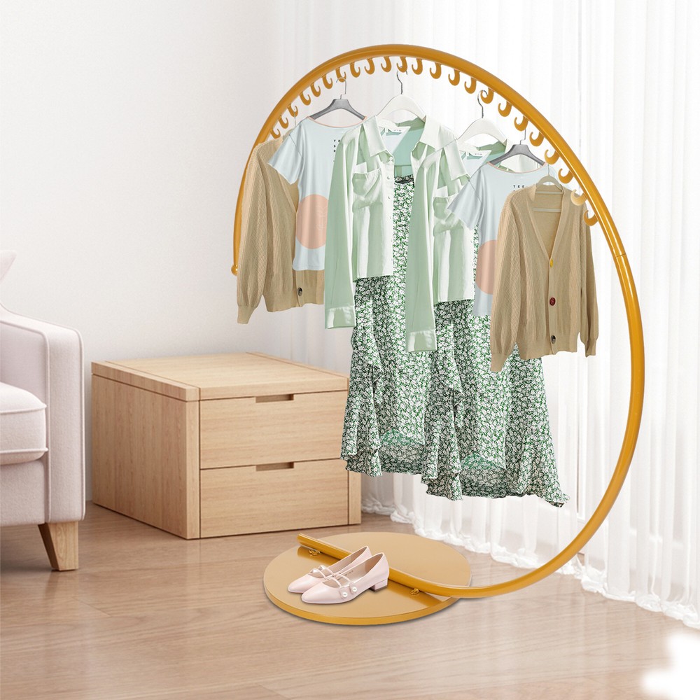 Modern Gold Freestanding Coat Rack with 30 Moon-Shaped Hooks for Stylish Clothing Display