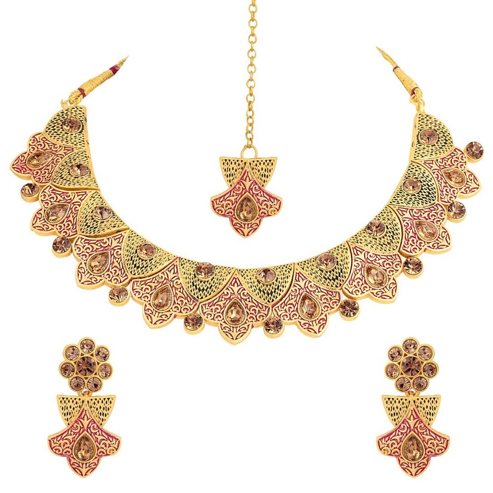 Aheli Elegant Indian Wedding Party Wear Matte Finish Necklace Earrings with M...