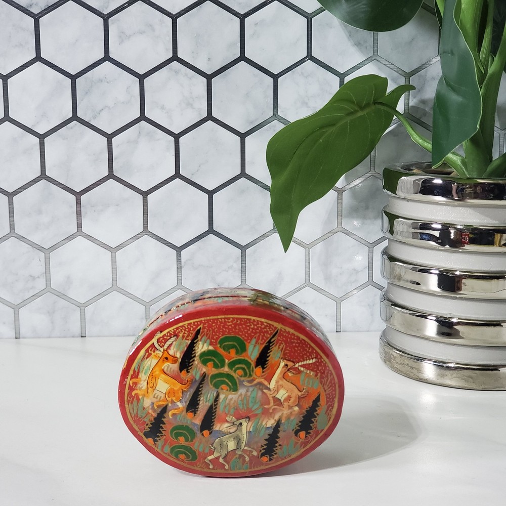 Vintage Lacquer Hand Painted Running Deer Burnt Orange Trinket Box